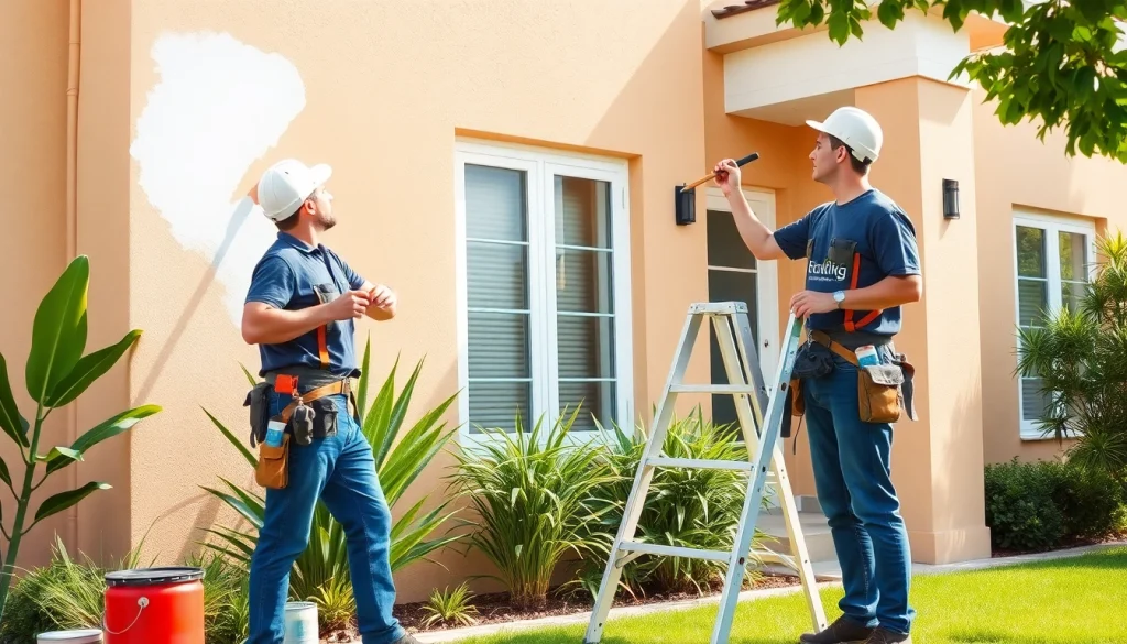 Professional painters working on a home exterior, showcasing trusted painting companies.