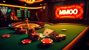 Experience the thrill of MMOO at a luxurious casino poker table showcasing vibrant chips and cards.