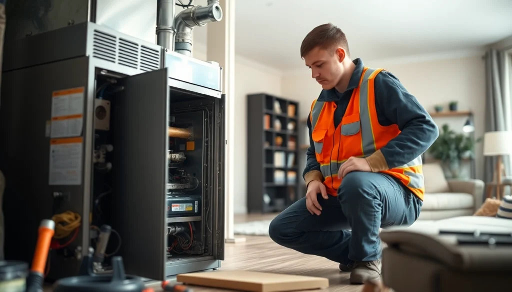 HVAC technician conducting furnace repair somers ny with tools in a cozy living room.