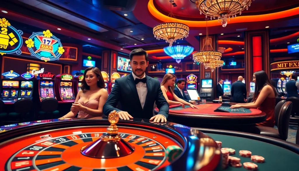 Experience the thrill of gaming at hitclub0.com with elegant gamblers at a vibrant casino table.
