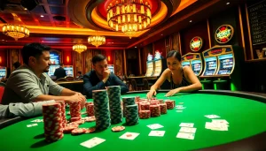 Players engaged in a thrilling poker game, highlighting credit rapid strategies through excitement and cash.