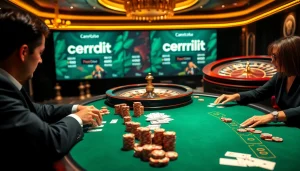 Exciting poker game scene showcasing credit nebancar financing discussions at a luxury casino.