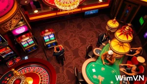 Players engaged in thrilling casino games at WinVN, showcasing vibrant slot machines and roulette.