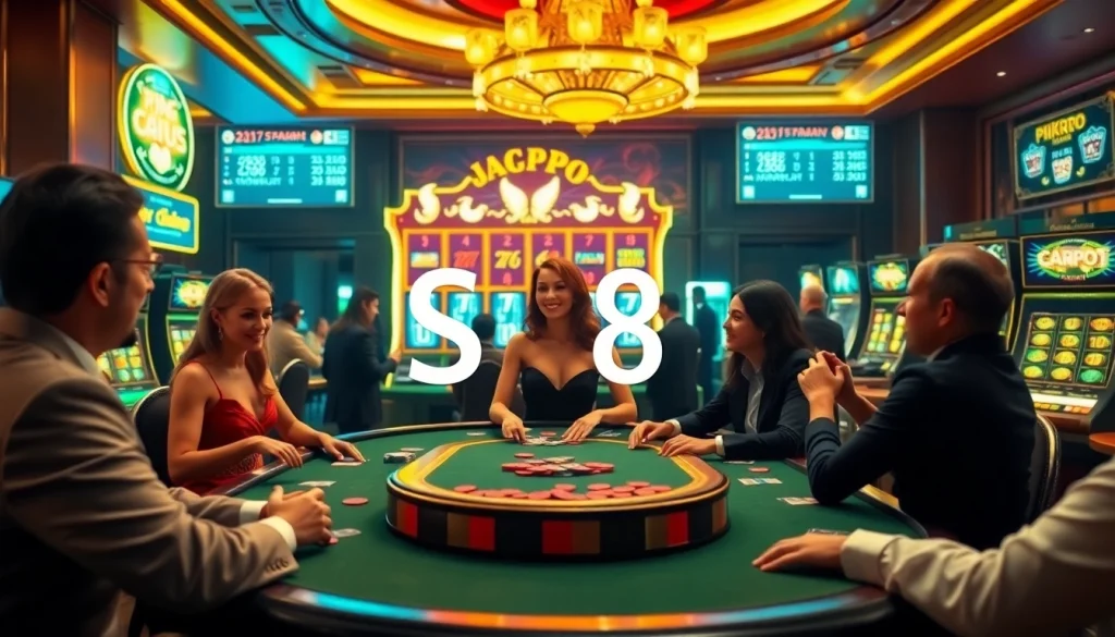 Exciting poker game at S8 casino with players betting and engaging with glamorous dealer.