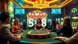 Exciting poker game at S8 casino with players betting and engaging with glamorous dealer.