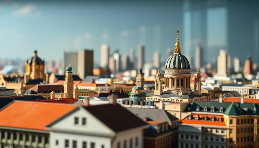 Architekturmodellbau Berlin: Detailliertes Modell eines Berliner Wahrzeichens vor verschwommener Stadtsilhouette.