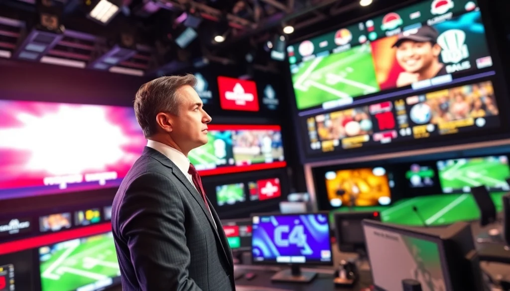 Sports Broadcasting studio featuring an anchor with advanced technology and vibrant displays.