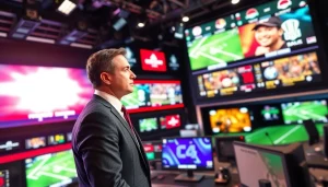 Sports Broadcasting studio featuring an anchor with advanced technology and vibrant displays.