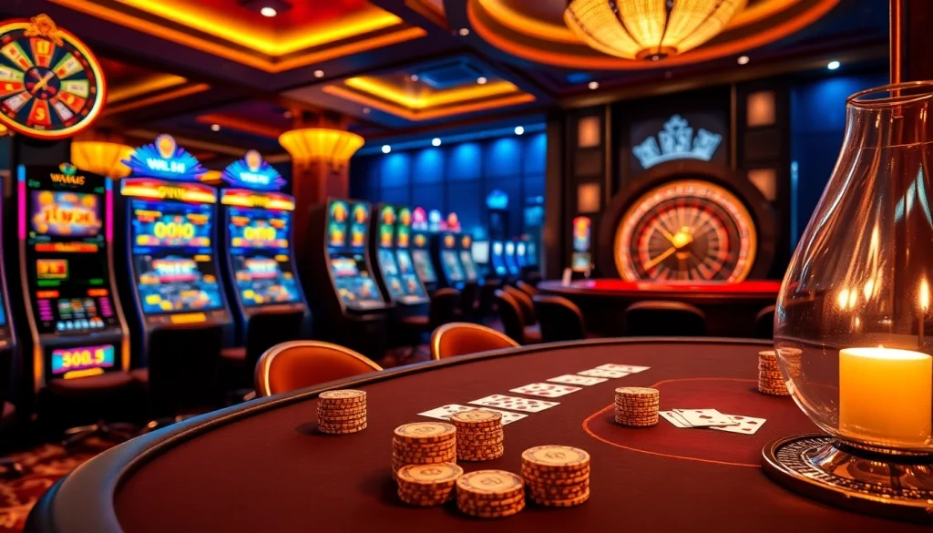 Exciting gaming action at https://99wincasino.com/ featuring a poker table and vibrant slot machines.