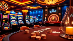 Exciting gaming action at https://99wincasino.com/ featuring a poker table and vibrant slot machines.