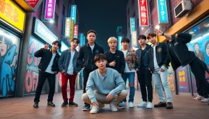 BTS members in a lively urban setting, showcasing unique personalities and vibrant fashion.