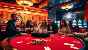 Nohu players strategizing at a luxurious casino poker table amidst vibrant gaming excitement.