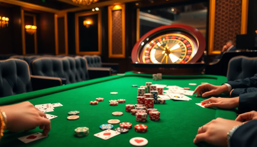 Experience go88 excitement at a vibrant casino table filled with cards, chips, and dice.