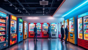 Explore state-of-the-art snack machine manufacturers in a vibrant showroom showcasing innovative vending solutions.