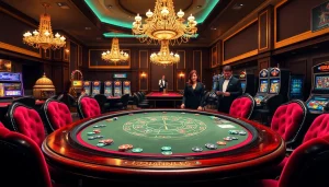 Poker players at a lavish table highlighted by the vibrant energy of 789P's casino atmosphere.