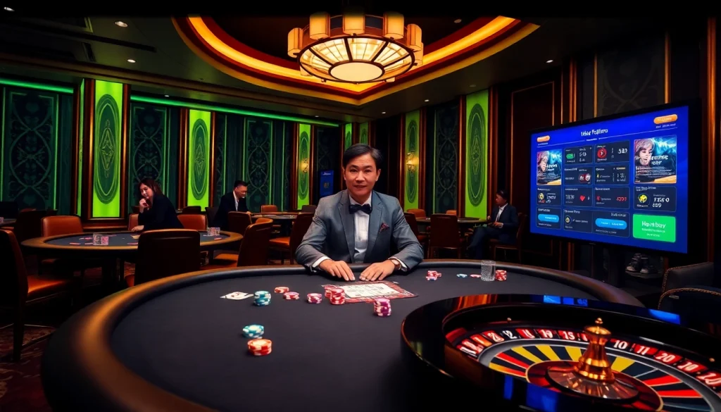 CEO DH88 engages players at a vibrant casino table, showcasing a luxurious gambling environment.