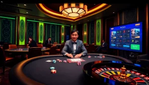 CEO DH88 engages players at a vibrant casino table, showcasing a luxurious gambling environment.