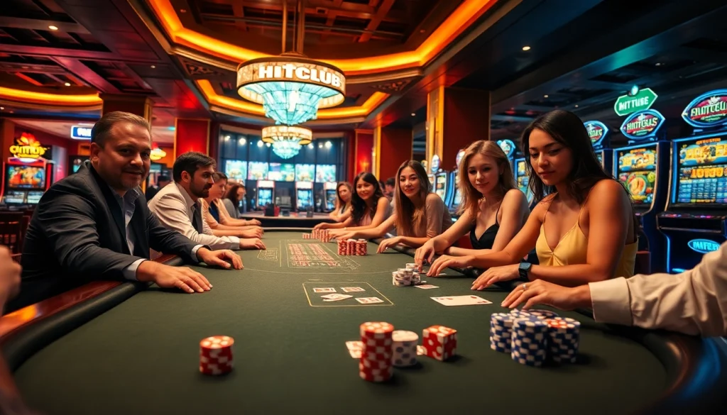 Hitclub gaming experience with players enjoying poker and slot machines in a vibrant casino atmosphere.