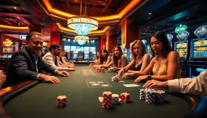 Hitclub gaming experience with players enjoying poker and slot machines in a vibrant casino atmosphere.