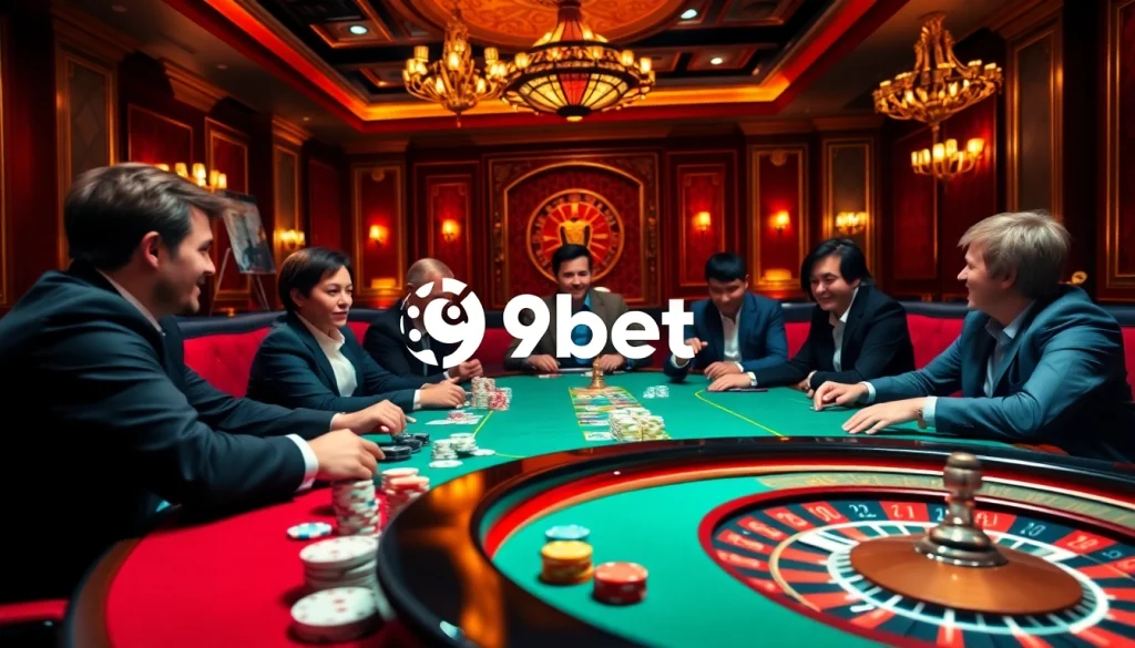 Engaging poker players featuring 9bet branding in a luxurious casino atmosphere.
