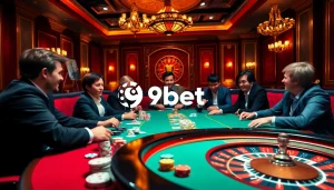 Engaging poker players featuring 9bet branding in a luxurious casino atmosphere.