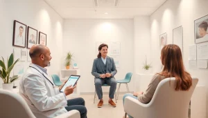Dr.AGAクリニック 口コミ showcasing a welcoming consultation room with a medical professional and patient discussing hair treatment options.