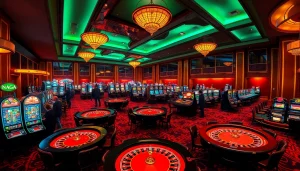 NAGA1001 casino gaming experience with vibrant tables, cards, and luxury ambiance.
