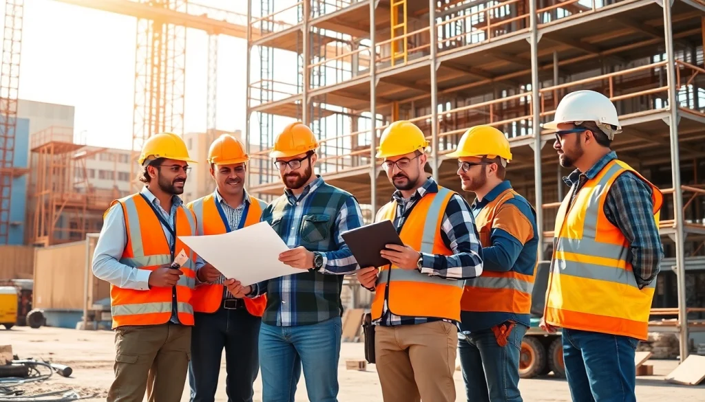 Workers engaged in diverse tasks to promote careers in construction on a vibrant job site.