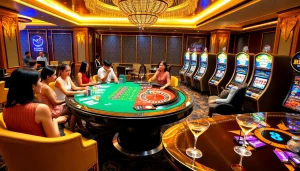 Players enjoying high-stakes poker at an RR888 casino table with vibrant chips and cards.