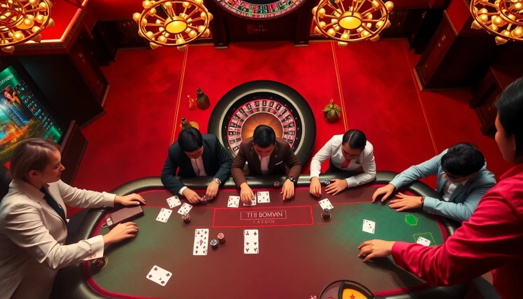 Tải Bomwin offers an engaging casino experience at a luxurious poker table with vibrant gameplay.