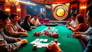 Exciting poker action at Nhà cái 23win casino, with vibrant poker chips and cards on display.