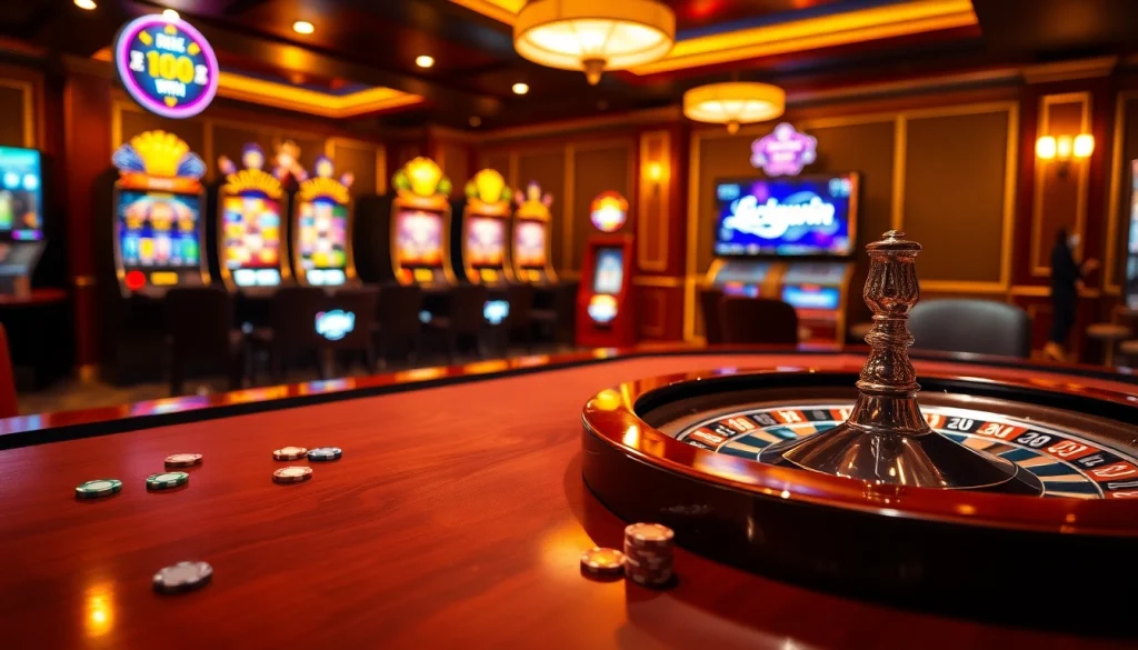 Experience excitement at Luckywin with vibrant poker chips and a luxurious casino environment.