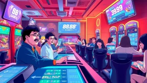 Exciting gaming scene showcasing players enjoying 68 Game Bài online platform, featuring diverse games and modern technology.