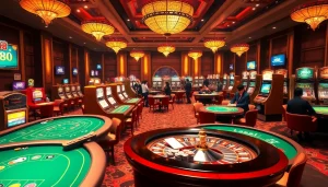 Experience an exciting j88-themed casino scene with vibrant tables, roulette wheels, and engaged players.