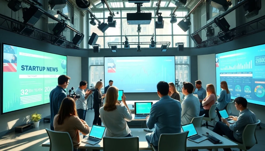 Engaging scene of journalists discussing startup news in a vibrant newsroom setting.