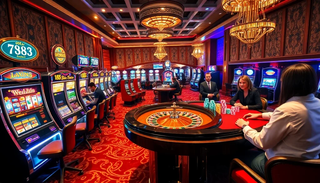 Authentic casino experience at 789CLUB with players enjoying slot machines and roulette.