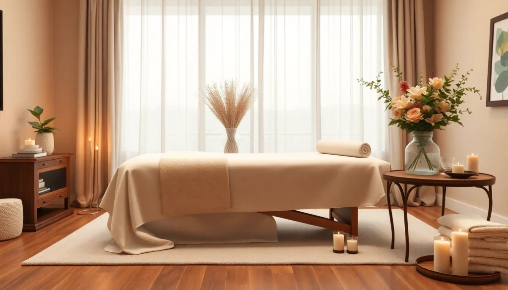 출장마사지 in a serene home setting featuring a massage table and calming decor.