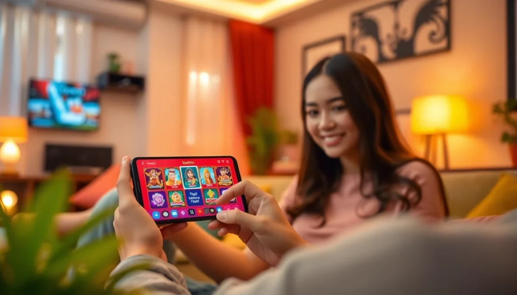 Exciting scene of a user engaging with the Sunwin app to tải sun win, showcasing vibrant gaming visuals.