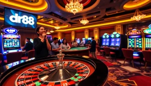 Players enjoying a vibrant gaming experience at dr88 casino with roulette and slot machines.