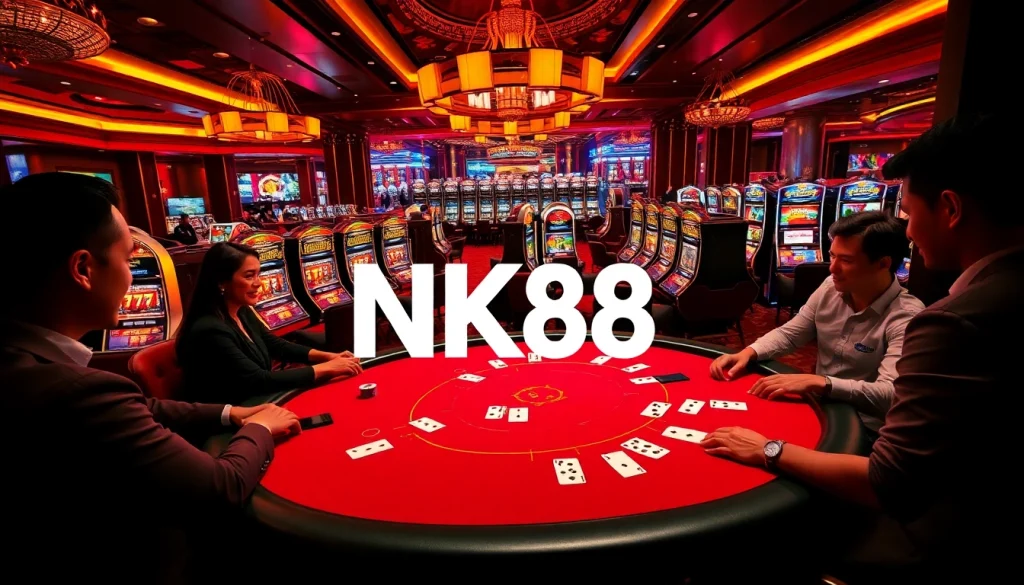 Players enjoying a game at a luxurious casino with NK88-themed decor and vibrant slot machines.
