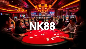 Players enjoying a game at a luxurious casino with NK88-themed decor and vibrant slot machines.