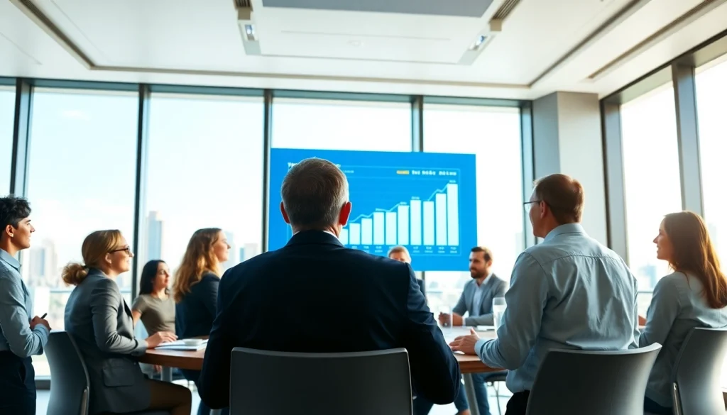 Engaged professionals discussing business growth insights in a modern conference room.