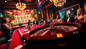 Experience the thrill of betting at https://f168.direct/ with a luxurious casino scene featuring a spinning roulette wheel.