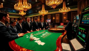 Engaged players calculating strategies during an intense poker game in a luxury casino.