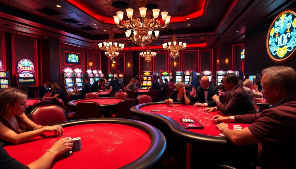 Exciting VIP gaming atmosphere at 32WIN Vip with poker tables and vibrant slot machines.