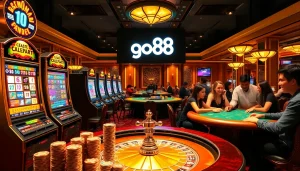 Players enjoying the excitement of gambling at go88 casino with vibrant slot machines and roulette.
