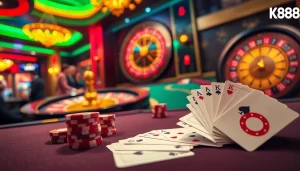 Experience the excitement of NK88 with vibrant casino scenes showcasing poker chips and roulette wheels.