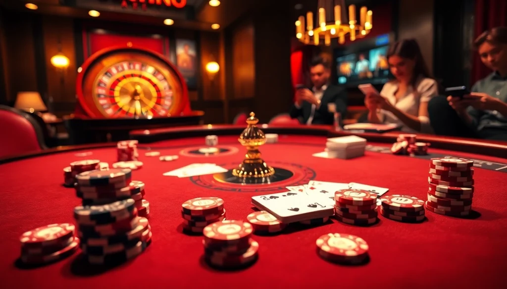 Exciting gameplay at a luxury casino table featuring elements from https://hm88.studio/, poker chips, and cards.