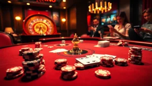 Exciting gameplay at a luxury casino table featuring elements from https://hm88.studio/, poker chips, and cards.