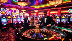 Players enjoying games at 68VIP casino with vibrant roulette table and slot machines.